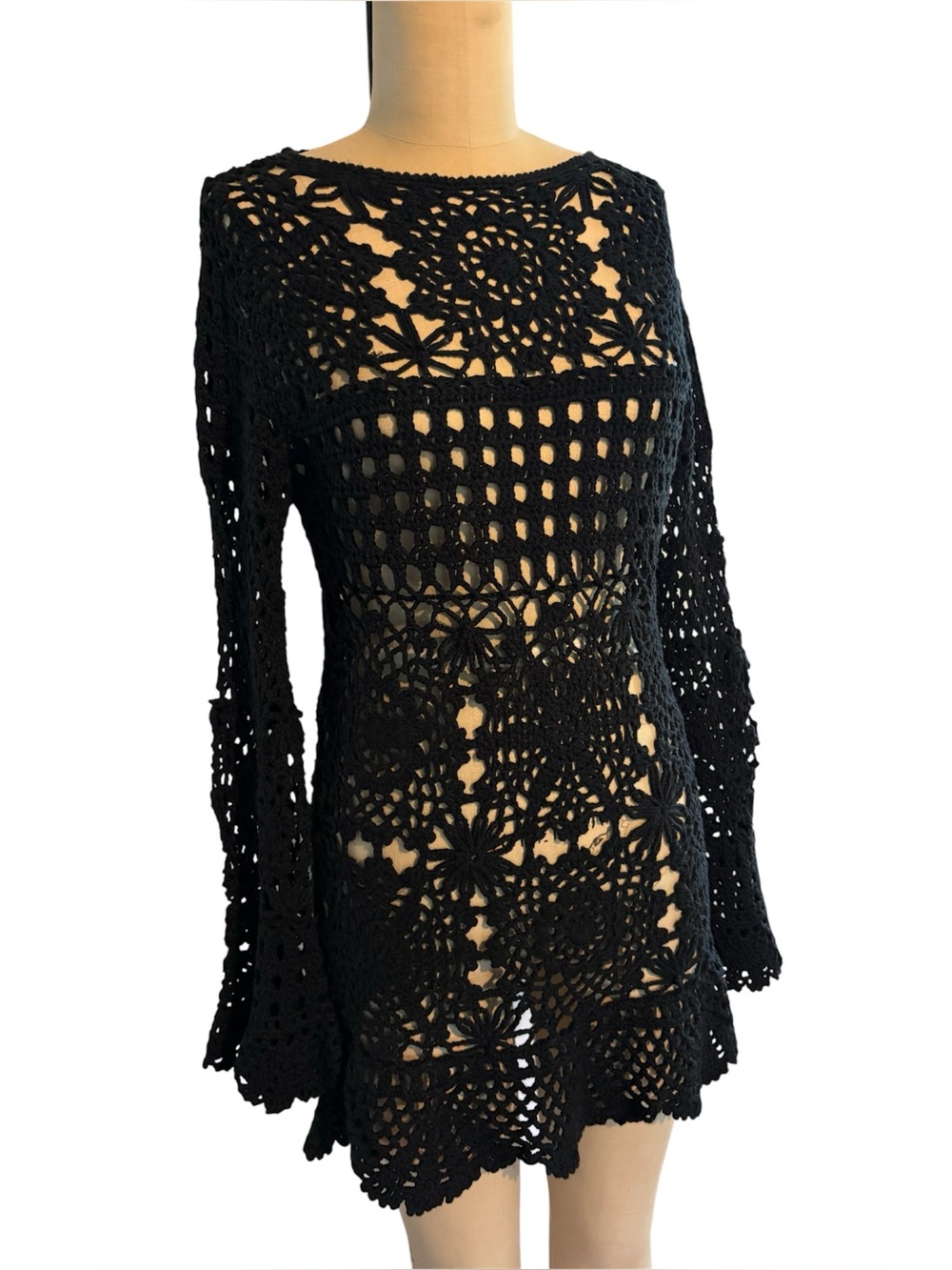 Black Crochet Long Sleeve Mini Dress